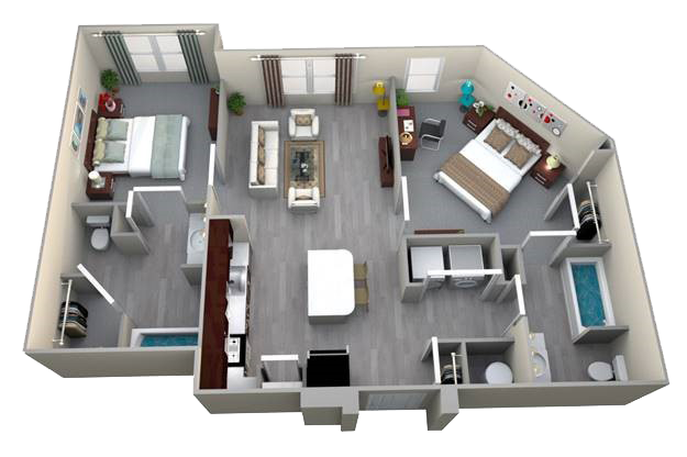 Floor plan for 2 beds, 2 baths, 965 sqft